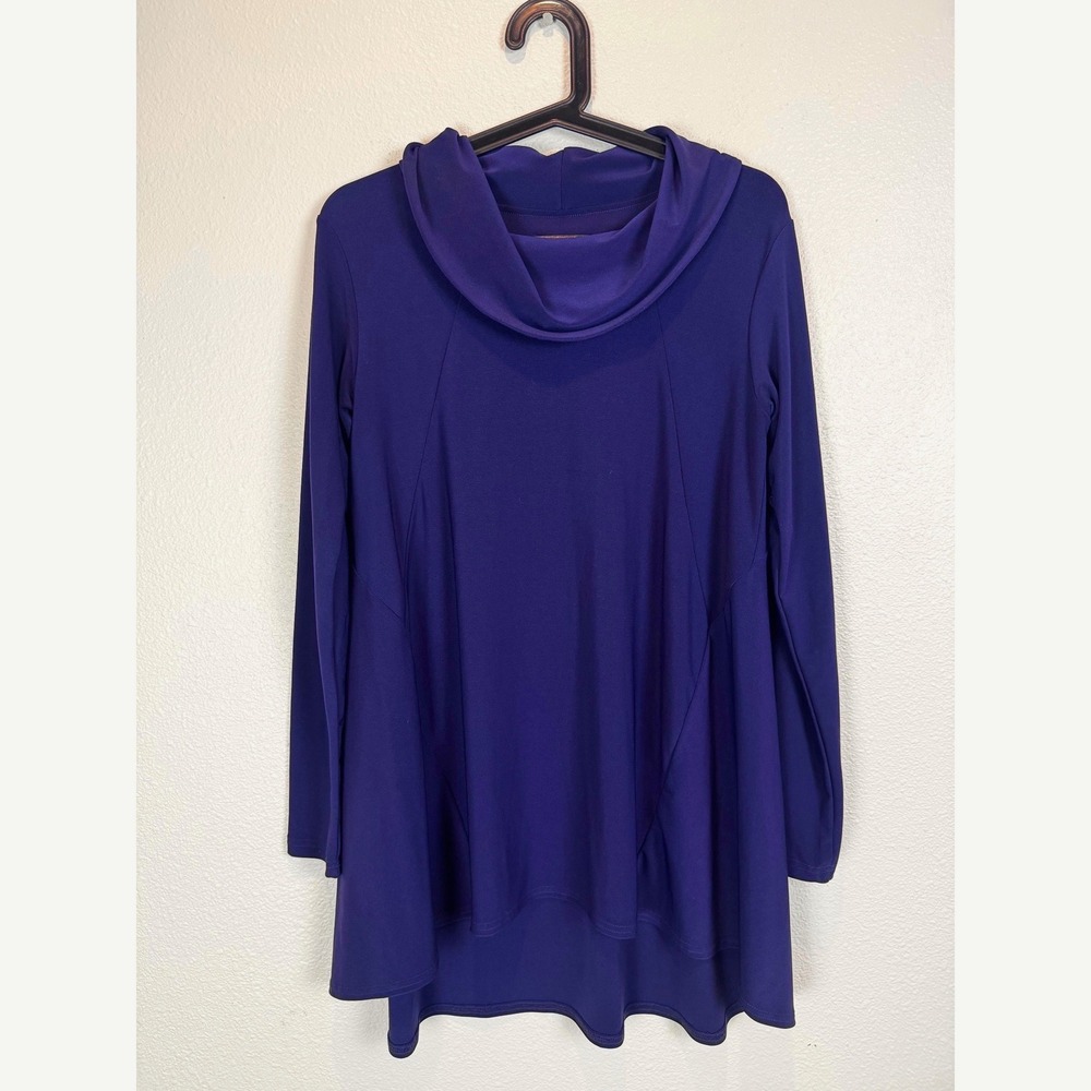 Sympli Tunic Top Womens 6 Purple Cowl Neck Long Sleeve Trapeze High Low Jersey